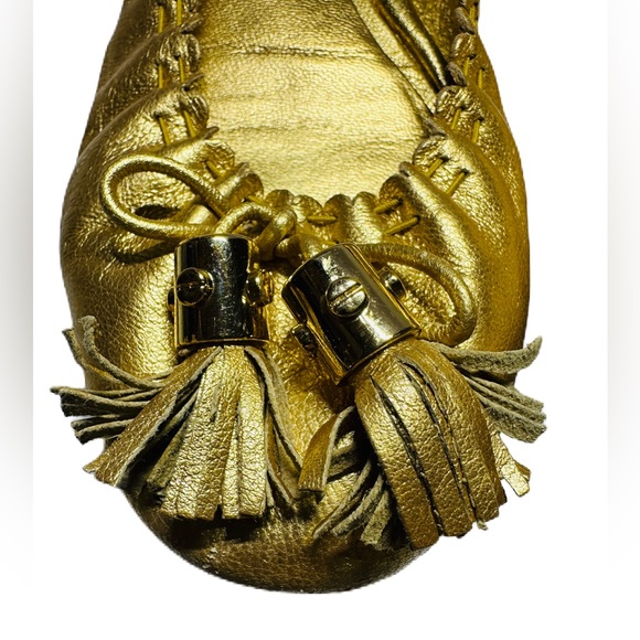 Tory Burch Reese Distressed Gold Tassel Leather Ballet Flats Size 8 - Picture 3 of 10